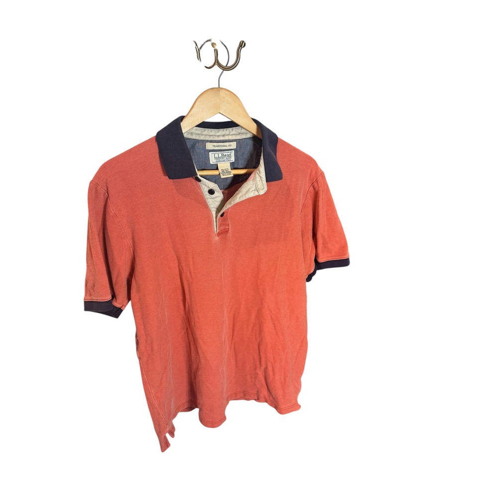 Vintage L.L. Bean Men's Polo‎ Shirt Coral Orange Navy Traditional Fit Med Tall
